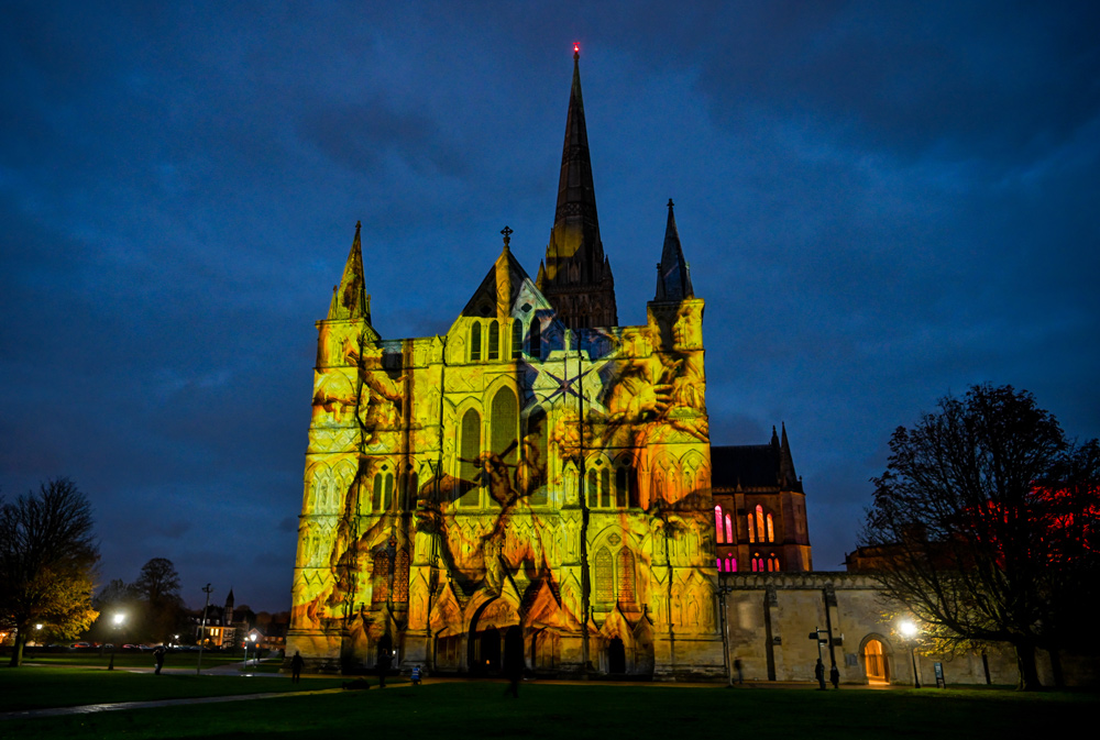 Sarum Lights – Renaissance by Luxmuralis lighting up the Cathedral Credit: Finbarr Webster