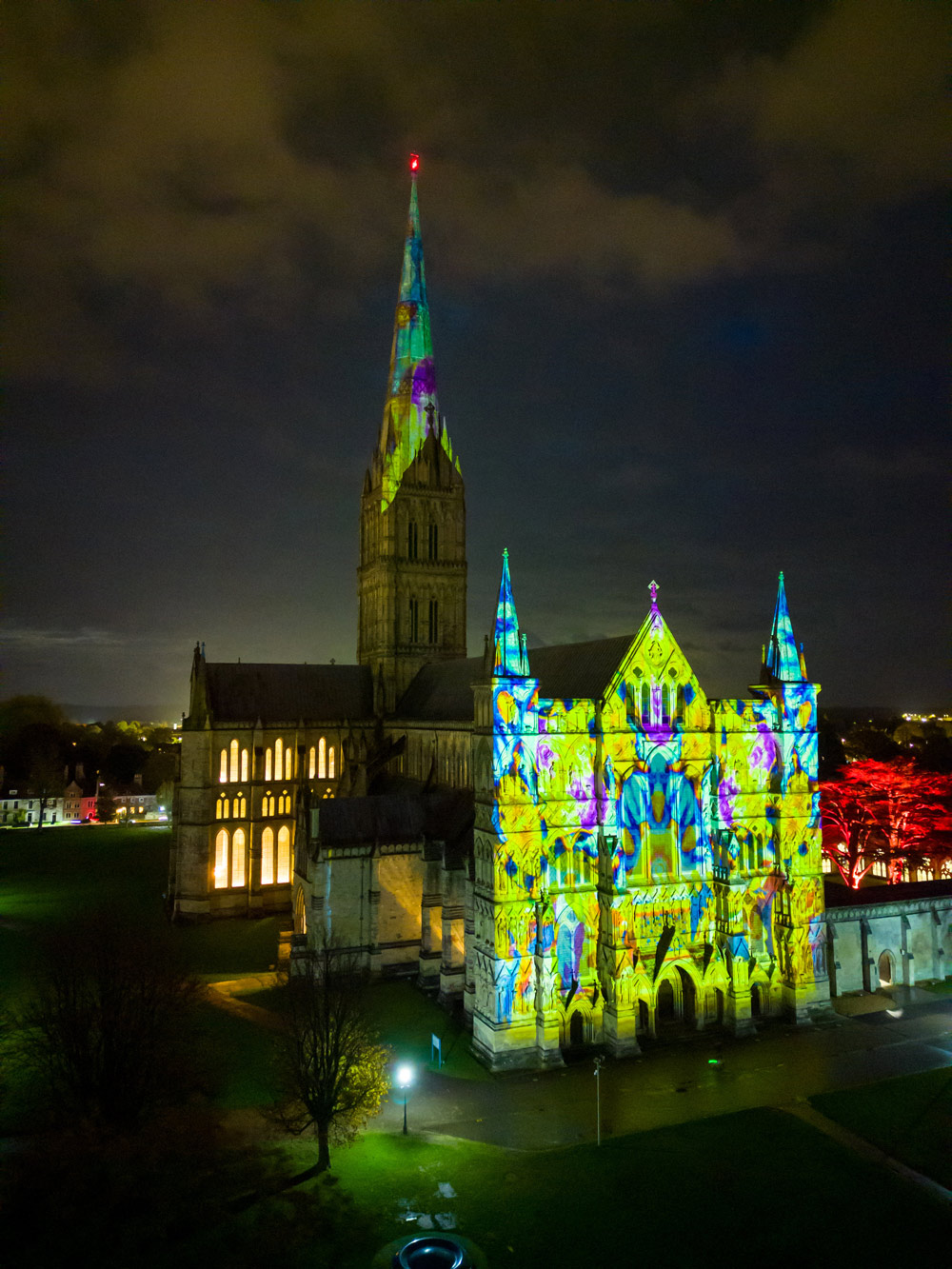 Sarum Lights – Renaissance by Luxmuralis lighting up the Cathedral Credit: Finbarr Webster