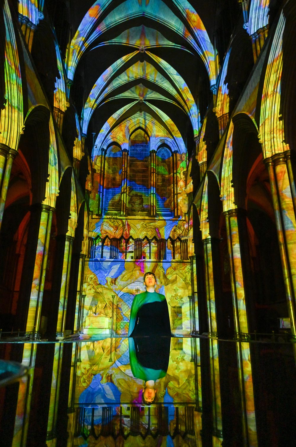 Sarum Lights – Renaissance by Luxmuralis lighting up the Cathedral Credit: Finbarr Webster