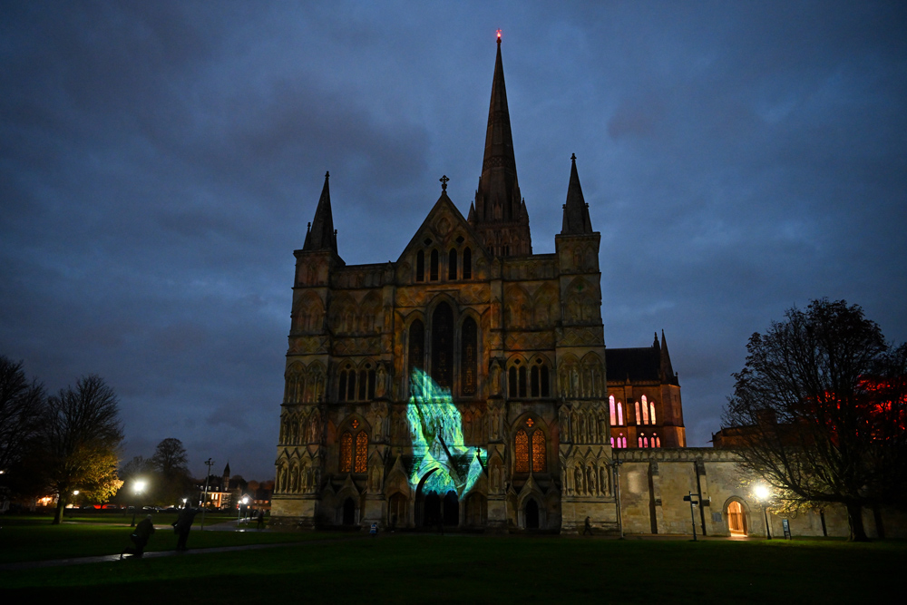 Sarum Lights – Renaissance by Luxmuralis lighting up the Cathedral Credit: Finbarr Webster