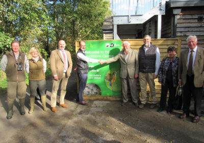 Chairman of The Hills Group Alan Pardoe opening the new Brockbank nature centre at Langford Lakes with chairman of Wiltshire Wildlife Trust Mark Street; accompanied by The Hills Group chief executive Mike Hill, Deputy Lord Lieutenant of Wiltshire Lord Talbot, Wiltshire Wildlife Trust chief executive Gary Mantle and Trustees Credit: WWT