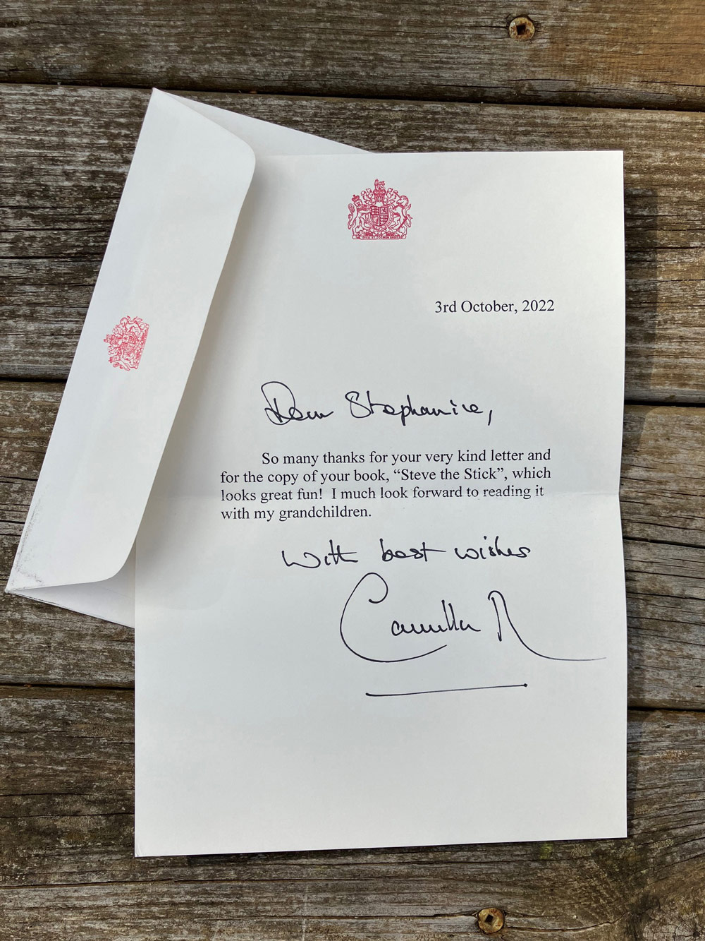 The letter Steph received from HRH Camilla Queen Consort