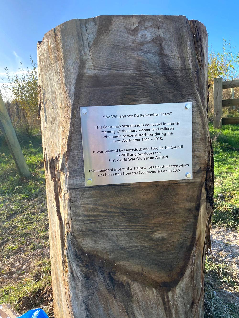 A 100-year-old chestnut ‘monolith’ was sourced from Stourhead Estates on which the memorial has been installed Credit: Laverstock & Ford Parish Council