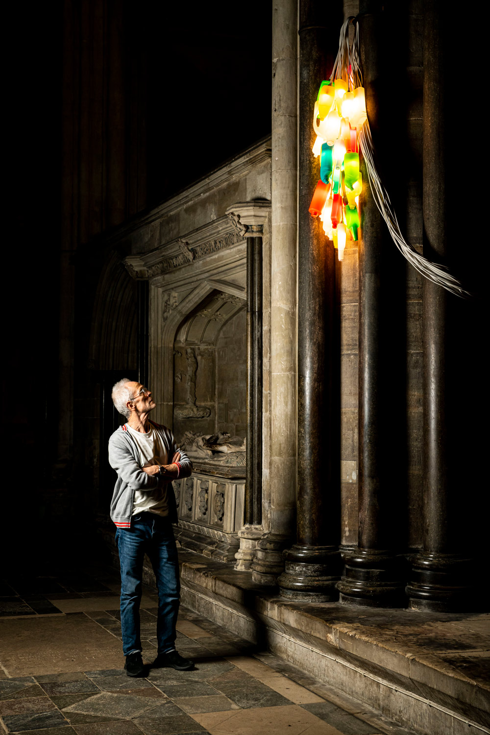 Artist David Batchelor looking up to one of his CandelasCredit: Max Willcock