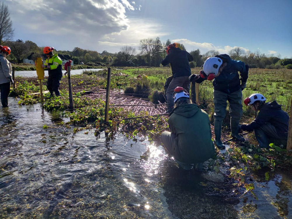 Volunteers helping to instal berms made of hazel to help stabilise the river banks Credit: Wessex Rivers Trust