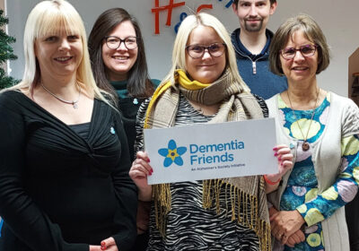 Haine & Smith staff took part in dementia awareness training with OSJCT (L to R) Zoie Izatt, Sophie Patel, Emma Lee, Ben Lack, and Janet Hartwell
