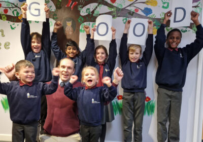 Pupils at Wilton CE Primary School celebrating the school’s latest Ofsted report