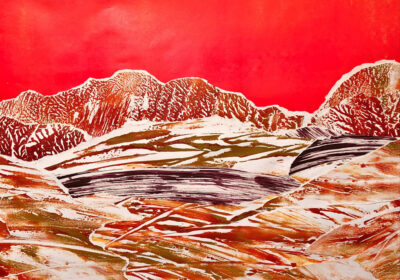 Two of the collages being exhibited. Red Sky