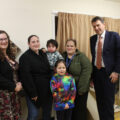 Cheryl Hadland (left) with Sam Douce (parent) and Fynnley and Genevieve, Lucy Dempsey and John Glen MP