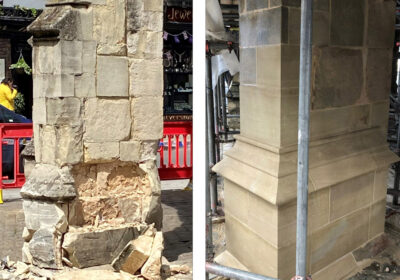 Before and after photos showing the restortion work in progress Credit: Salisbury Cathedral