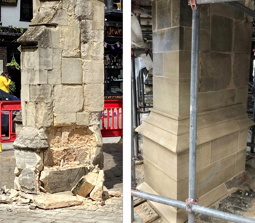 Before and after photos showing the restortion work in progress Credit: Salisbury Cathedral