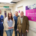 Sir Christopher Benson (right) and bereavement midwife Steph Thompson (left) with Tamar Vellacott and Cameron Pratt, who were supported on the Benson Suite Credit: Spencer Mulholland.