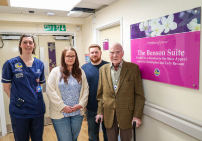 Sir Christopher Benson (right) and bereavement midwife Steph Thompson (left) with Tamar Vellacott and Cameron Pratt, who were supported on the Benson Suite Credit: Spencer Mulholland.
