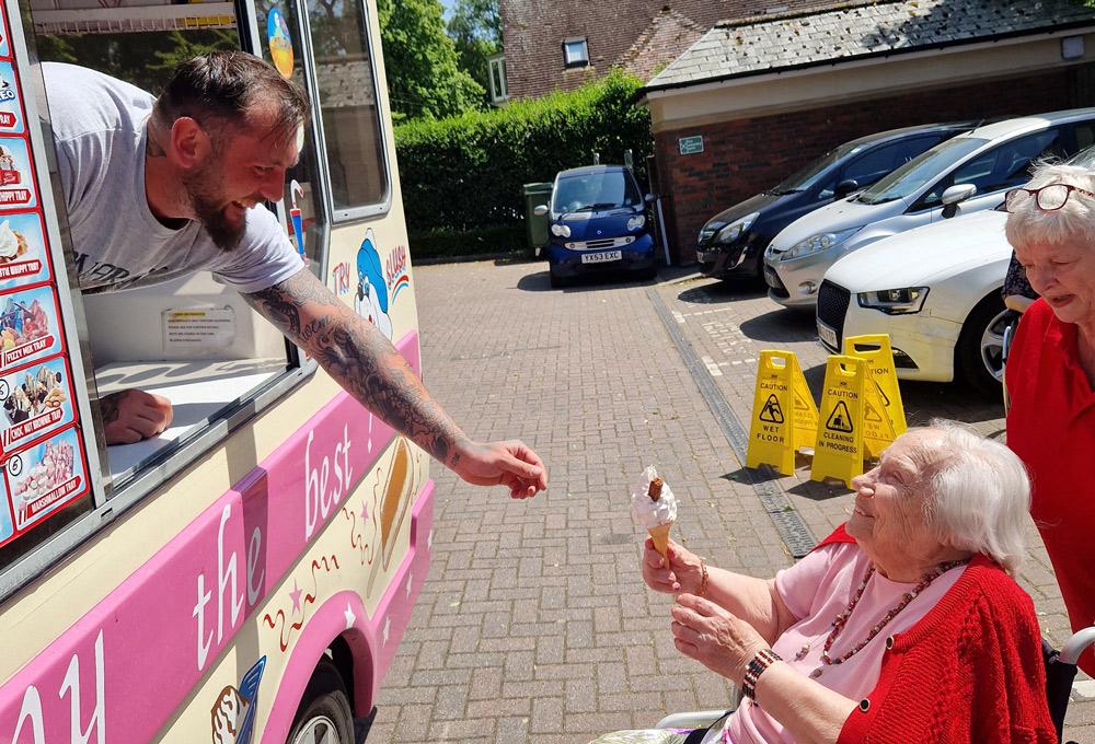Stella Parsons, 99, was first in the queue for her 99 ice cream cone when the Fat Sam’s van visited Braemar Lodge in Salisbury