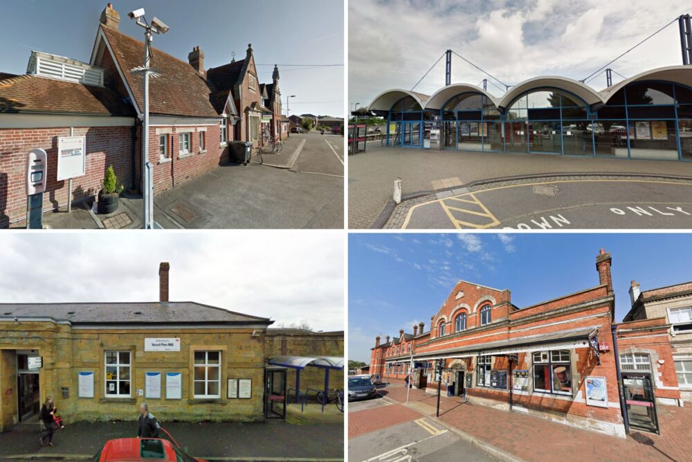 Stations affected include, clockwise from top left: Wareham, Poole, Salisbury and Yeovil Pen Mill. Pictures: Google