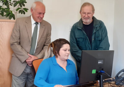 John Reid, left, head of Wiltshire Freemasons, with Charlotte Davies, STFH service manager, and Gordon Pardy, STFH head of fundraising