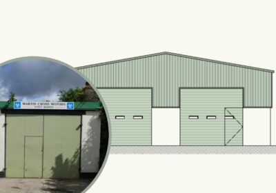 How the MOT garage looks now - and an impression of what could replace it. Pictures: Paul Stephens Architecture/Wiltshire Council