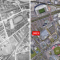 Old Trafford football and cricket grounds are captured in 1944, with bomb damage visible at the home of Manchester United. Picture: Historic England Archive/USAAF Photography