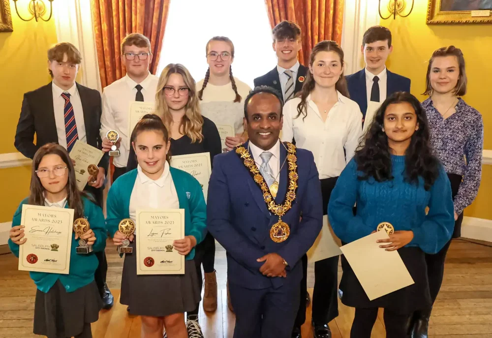 Salisbury mayor, Cllr Atiqul Hoque, with the award winners at the Guildhall. Picture: Spencer Mulholland