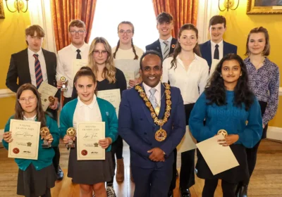 Salisbury mayor, Cllr Atiqul Hoque, with the award winners at the Guildhall. Picture: Spencer Mulholland