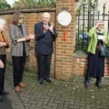 Unveiling of the plaque, from left to right, Eric Williams (The Trollope Society); Sara Crook (Salisbury Civic Society); The Venerable Caroline Baston (Master of St Nicholas Hospital); David Bartlett, (Chairman of the Board of Trustees of St. Nicholas); Dame Rosemary Spencer (Patron of the Salisbury Civic Society); Councillor Atiqul Hoque, (Mayor of Salisbury)