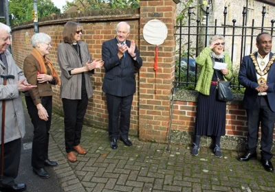 Unveiling of the plaque, from left to right, Eric Williams (The Trollope Society); Sara Crook (Salisbury Civic Society); The Venerable Caroline Baston (Master of St Nicholas Hospital); David Bartlett, (Chairman of the Board of Trustees of St. Nicholas); Dame Rosemary Spencer (Patron of the Salisbury Civic Society); Councillor Atiqul Hoque, (Mayor of Salisbury)