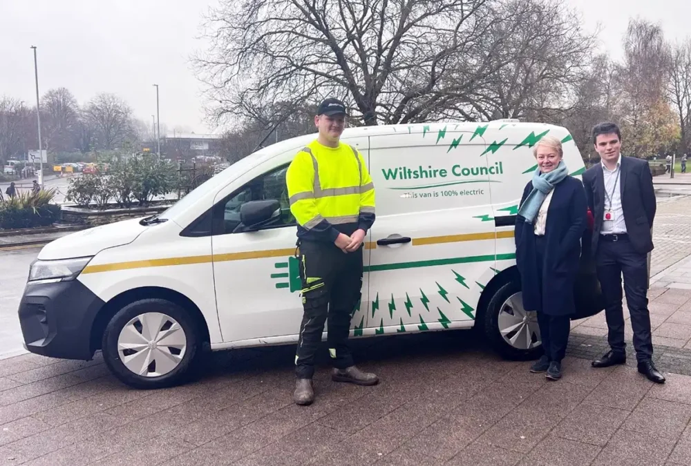 Cllr Caroline Thomas, cabinet member for transport, with fleet officers and one of the new electric vans