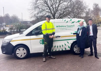 Cllr Caroline Thomas, cabinet member for transport, with fleet officers and one of the new electric vans