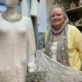 Knitter Shirley Ellicott with her amazing wedding dress creation. Picture: Laura Cowdery