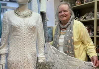 Knitter Shirley Ellicott with her amazing wedding dress creation. Picture: Laura Cowdery