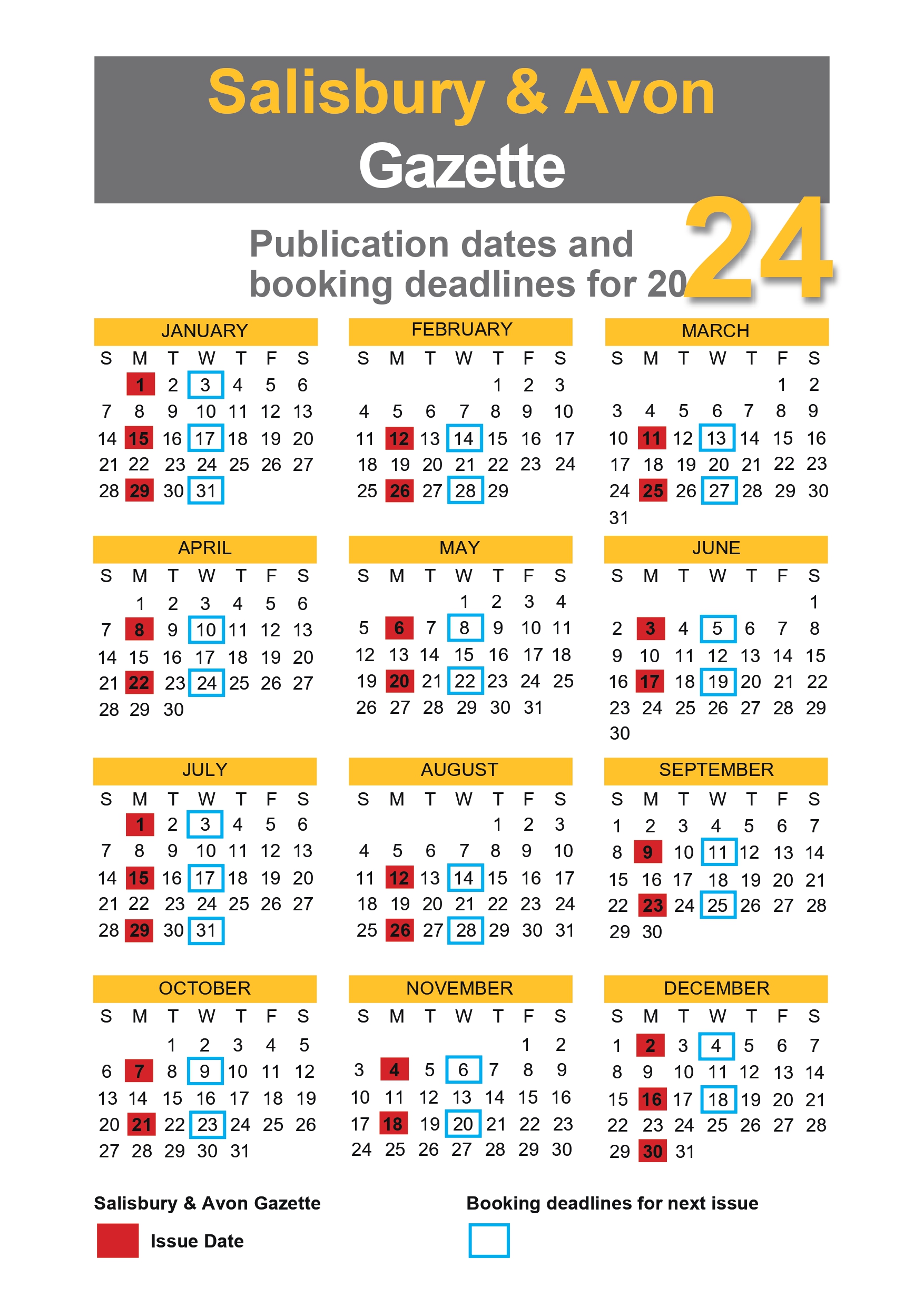 Publishing Dates for 2024 Salisbury & Avon Gazette In Print & Online