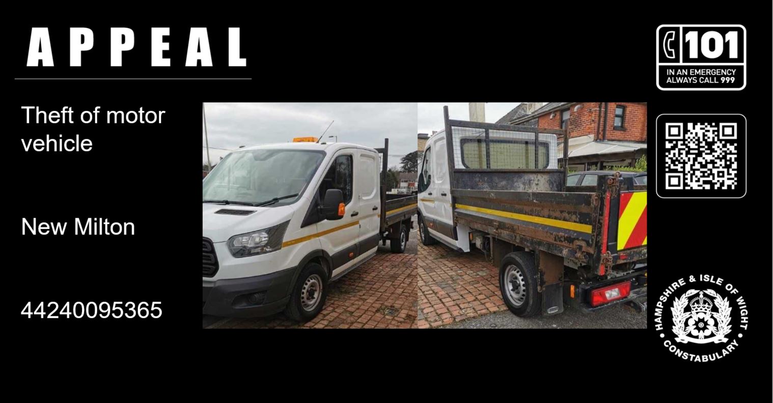 The van was stolen from the Wheatsheaf Inn car park in New Milton on March 5. Picture: Hampshire Police