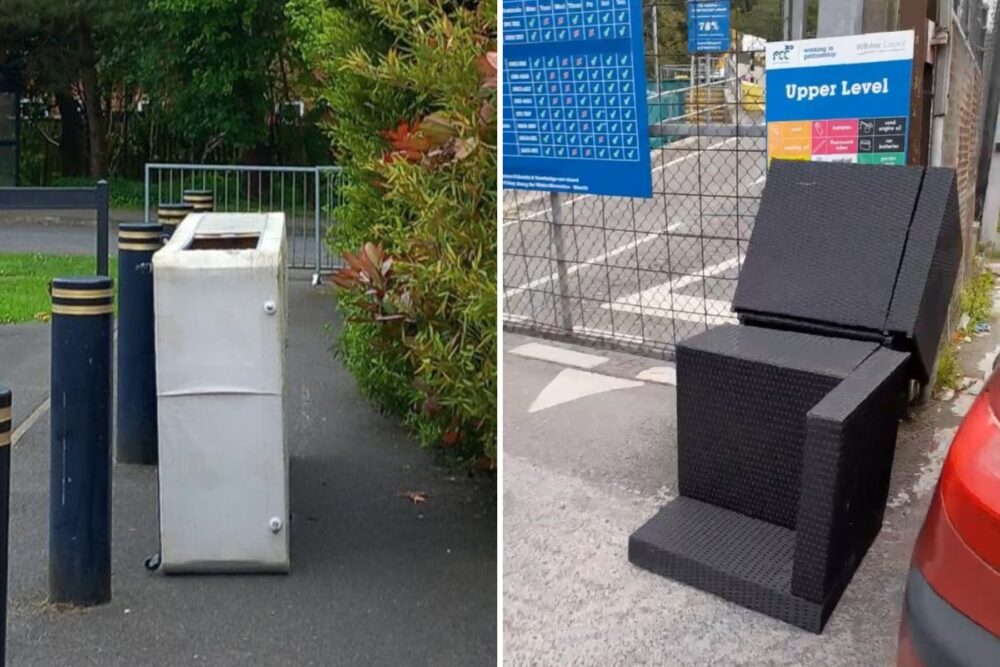 A bed base dumped in Devizes, left, and items fly-tipped at Churchfields Recycling Centre in Salisbury, right. Pictures: Wiltshire Council