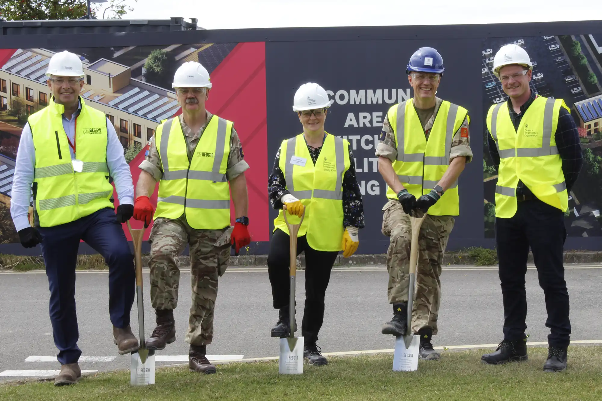 Ground breaking for new Army Single Living Accommodation at Trenchard Lines, Upavon. (From left) Matt Bennion, CEO Reds10; Lt Col Grant Ingleton MC, Head of Establishment, Trenchard Lines, Upavon; Joanne George, DH Major Programmes and Projects (Army), Defence Infrastructure Organisation; Brigadier Pete Quaite OBE, Head Infra Plans, British Army; Kyle Swayne, Project Manager - SLA Delivery Team (Army), Defence Infrastructure Organisation