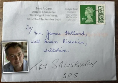 Historian James Holland, inset, received the letter - despite some incomplete address details! Picture: X/@James1940