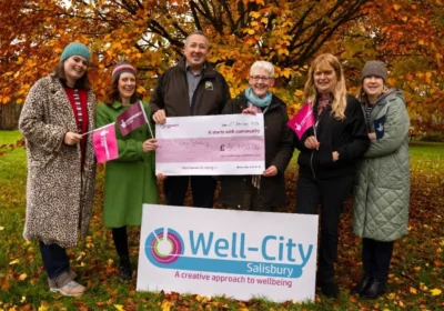 Members of the Well-City Salisbury, Wessex Archaeology, Wiltshire Creative, Wiltshire Wildlife Trust and ArtCare teams celebrate the funding from the National Lottery Community Fund. Picture: Wessex Archaeology