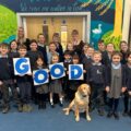 Broad Chalke School pupils with Crumble, the school's therapy dog Picture: Broad Chalke