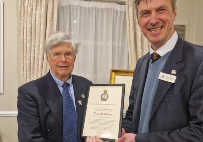 Ray Stedman, retiring chair, receiving RNLI Excellence in Volunteering Award from Peter Sparkes Picture: RNLI Salisbury, Wilton & District Branch