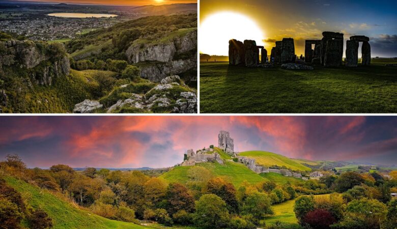 Cheddar Gorge (Somerset), Stonehenge (Wiltshire) and Corfe Castle (Dorset) make the list for stunning sunsets