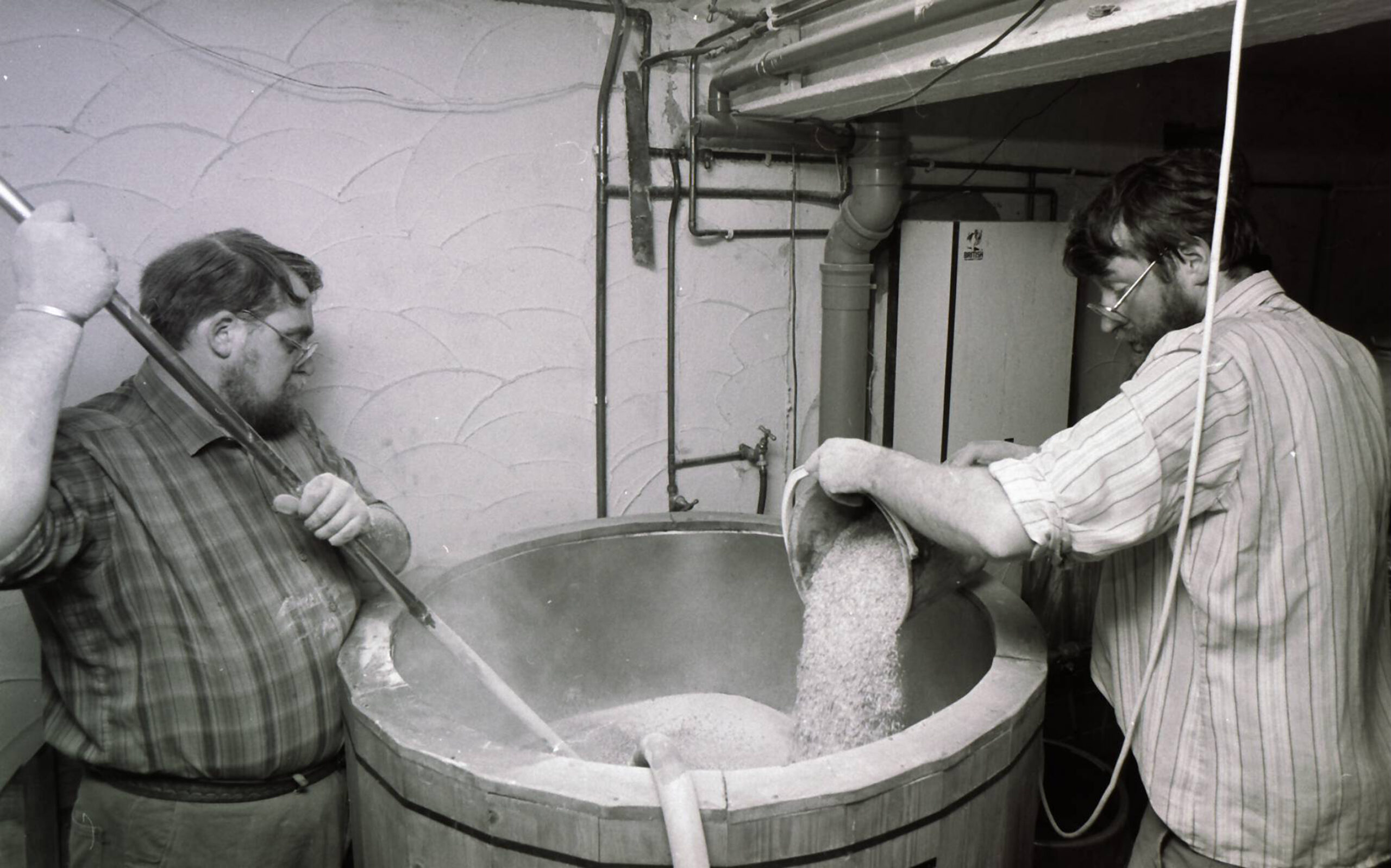 Roger McBride (left) and John Gilbert brewing at the Wyndham Arms in 1987 Picture: Hop Back