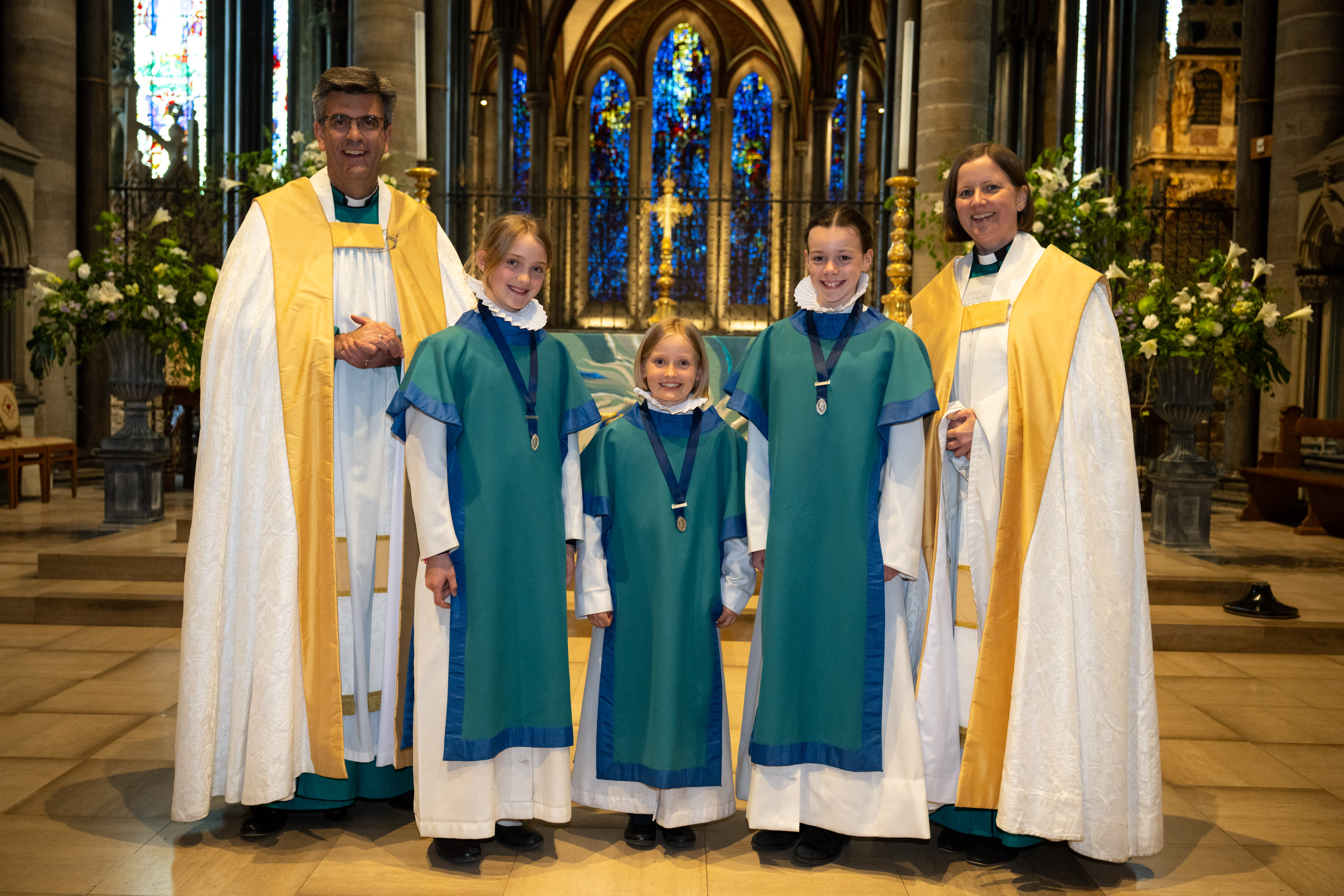The Very Revd Nicholas Papadopulos Dean of Salisbury Eva Sage Henrietta Macmillan Jessica Roome and The Revd Anna Macham Canon-Precentor Picture: Salisbury Cathedral/ Finnbarr Webster