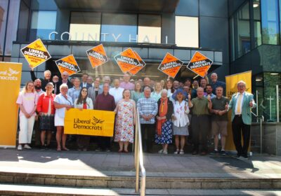 Lib Dem councillors celebrating the result outside County Hall Picture: Wiltshire Liberal Democrats