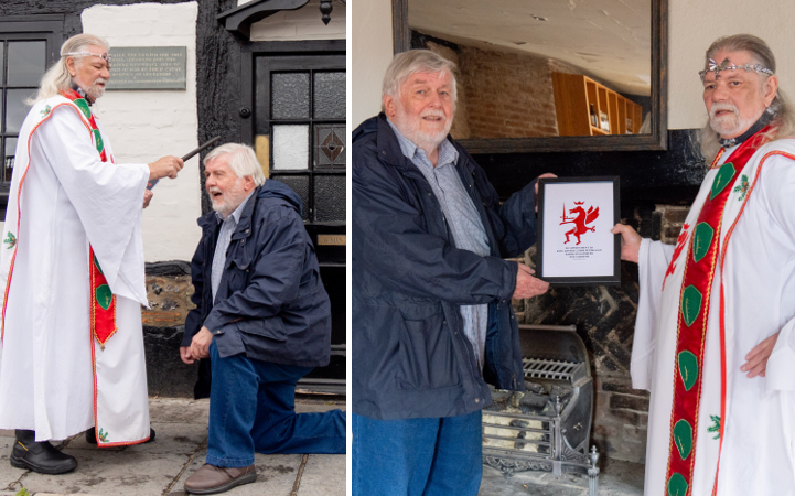 King Arthur presenting the warrant to Edwin from New SaRhyme left and Edwin being blessed by Arthur outside the Pheasant, right Pictures: New SaRhyme