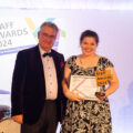 Speech therapist Lizzie Goodyear being presented with the Patient Experience Award by Stephen Oxley, Stars Appeal fundraising chairman at the 2024 Staff Awards ceremony Picture: Salisbury NHS Foundation Trust