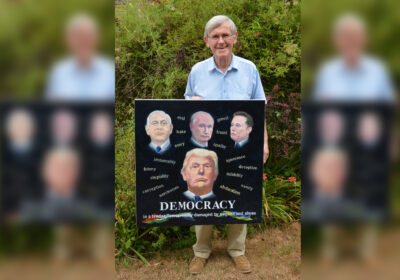 Roy Wilde, who is participating in an exhibition in Gallery 4 in the Salisbury Library, pictured with his latest acrylic picture, which he was blocked from showing in the exhibition Picture: Pete Thompson