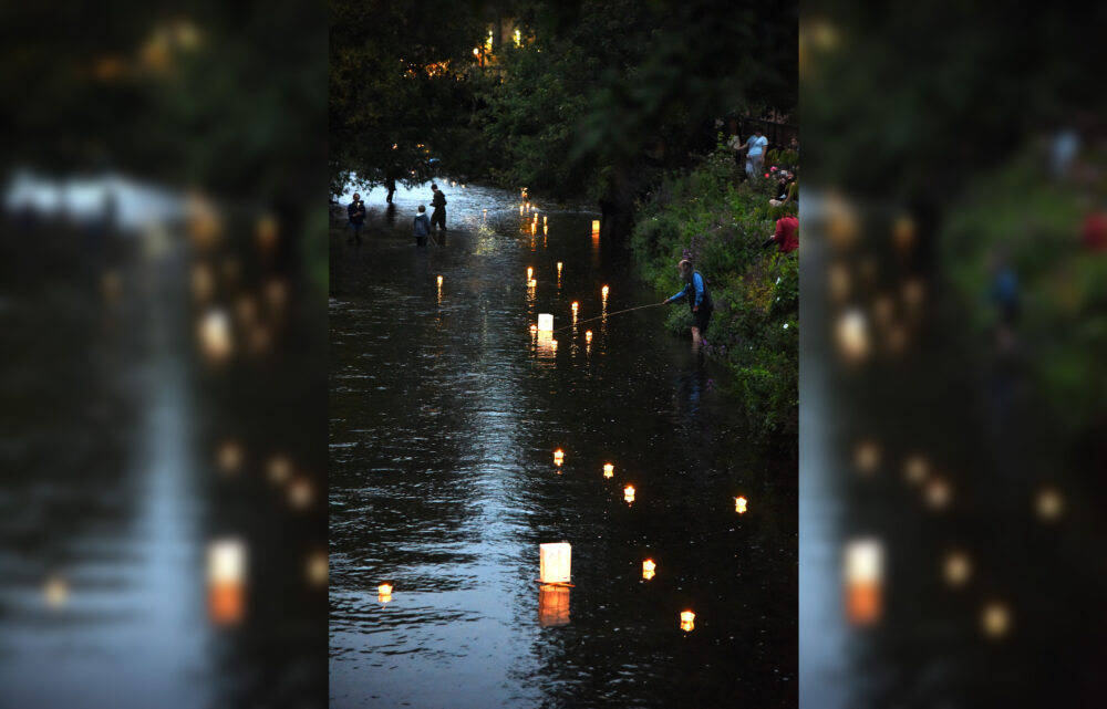 Candles mix with lanterns from Hiroshima as they float down the River Avon Picture: Salisbury CND