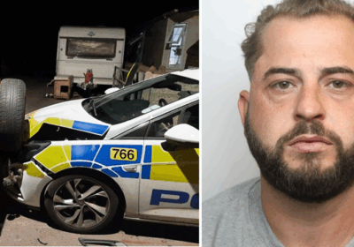 Ashley Sherred (right) ran over a man, breaking his leg and rammed a police car in s separate incident Pictures: Wiltshire Police