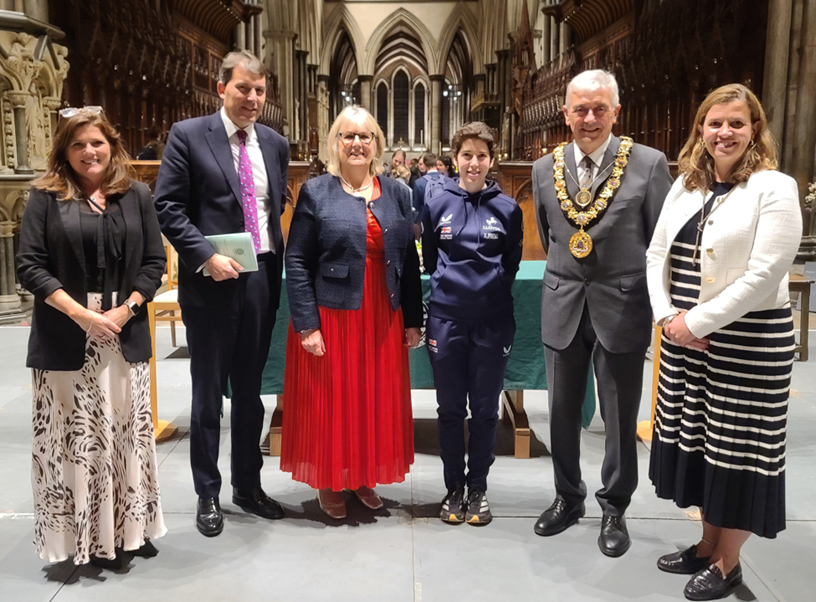 Jill Bellamy, John Glen MP, Chair of trustees Liz Ogilvie, Sophie Unwin, Salisbury Mayor councillor John Wells, and headteacher Dr Amanda Smith Picture: SWGS
