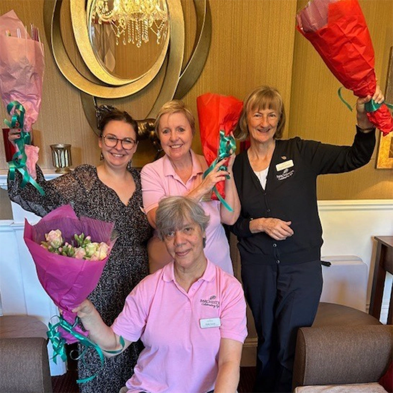 Milford team members celebrating left to right: senior general manager Aga Musial, activities assistant Jane Durran, hospitality services manager Scarlet Leatham and front row activities co-ordinator Gale Louw Picture: Milford House