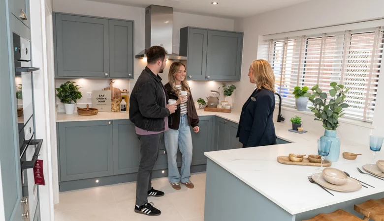 Bellway sales advisor Verity Skene, right, with Sales Manager Emily Putnam and George Putnam in the kitchen of the Scrivener showhome Picture: Bellway